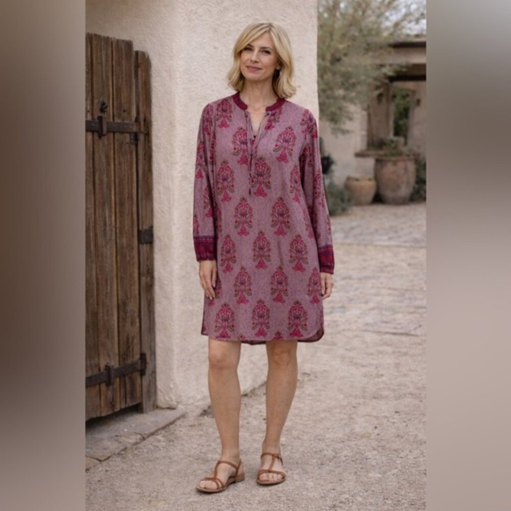 Tuckernuck Celina Moon Purple  Print V Neck Tie Tunic Dress w/ Pockets Size L